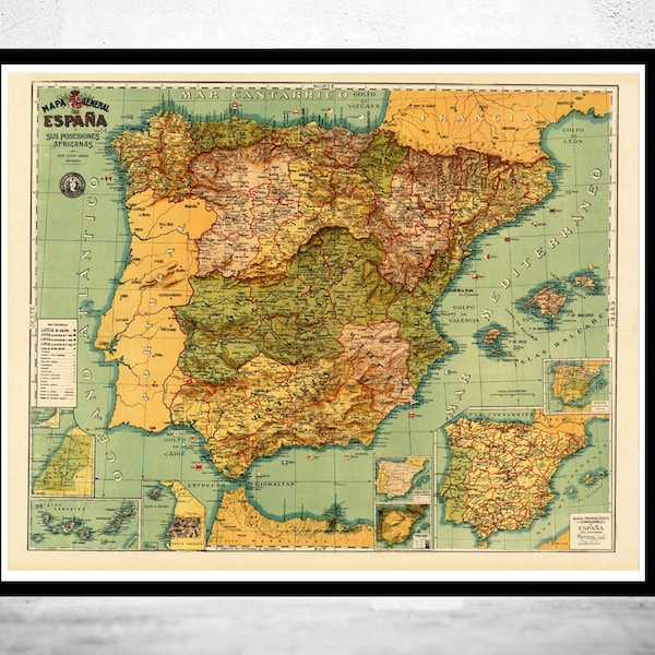 Mapa antiguo de España 1900 / Póster vintage Impresión de arte mural / Impresión de mapa de pared / Impresión de mapa antiguo
