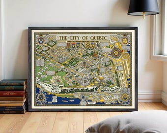 May include: A framed vintage map of Quebec City, showing detailed illustrations of buildings, streets, and landmarks. The map has a cream background with green, yellow, and blue accents. The text "THE CITY OF QUEBEC" is displayed at the top.