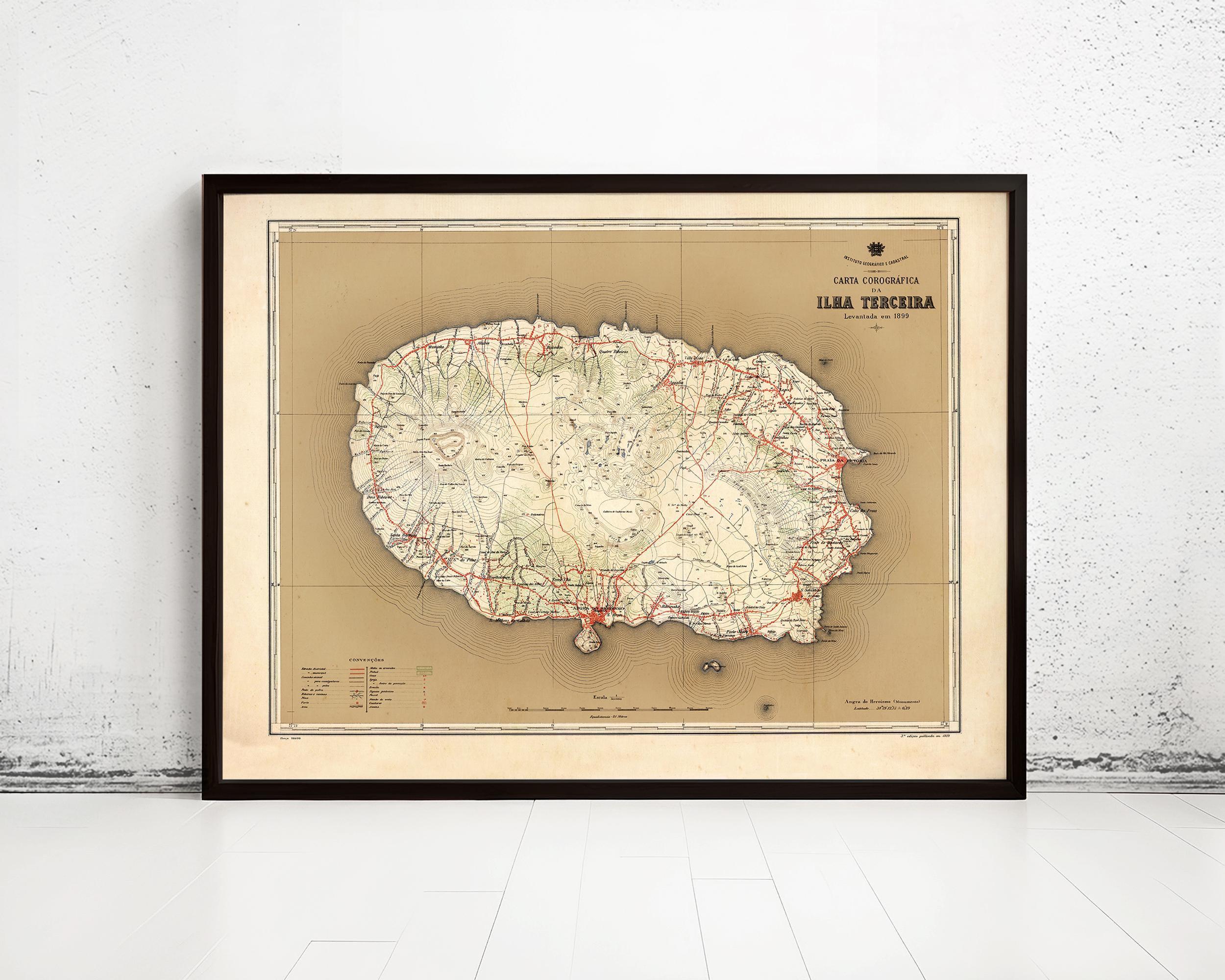 Beautiful Old Map of Ilha Terceira Azores Açores 1899 Vintage Map | Vintage Map Wall Art Print | Large Map Print | Home Decor Wall Art