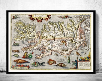 Old Map of Iceland islandia 1542 Island Sea Monsters Vintage Map | Vintage Poster Wall Art Print | Wall Map Print |  Old Map Print