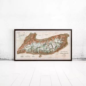 May include: A framed vintage topographical map titled Carte Albert Barbey La Chaine du Mont-Blanc, featuring detailed brown, green, and white illustrations of mountain peaks, glaciers, and valleys with printed text and geographical legends.