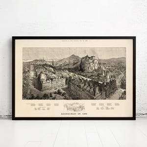 Marvellous Edinburgh Vintage Panoramic View in 1886 Edinbourg Scotland | Vintage Map Wall Art Print | Large Map Print