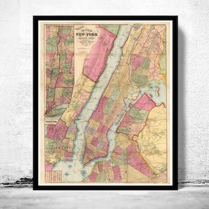 Old Map of New York and Manhattan Bronx Brooklyn 1874 Vintage Map  | Vintage Map Wall Art Print | Large Map Print | Home Decor Wall Art