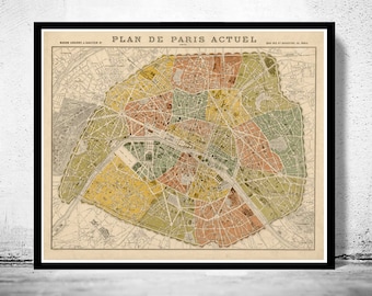 Ancienne carte de Paris 1879 France vintage Carte de Paris | Affiche d'art mural vintage | Impression de carte murale | Ancienne impression de carte