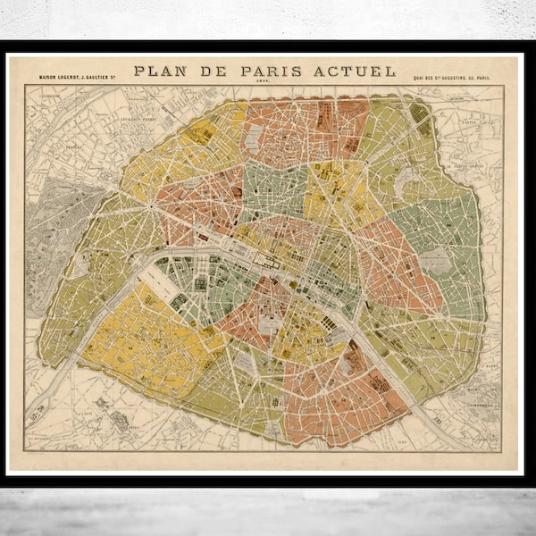 Ancienne carte de Paris 1879 France vintage Carte de Paris | Affiche d'art mural vintage | Impression de carte murale | Ancienne impression de carte