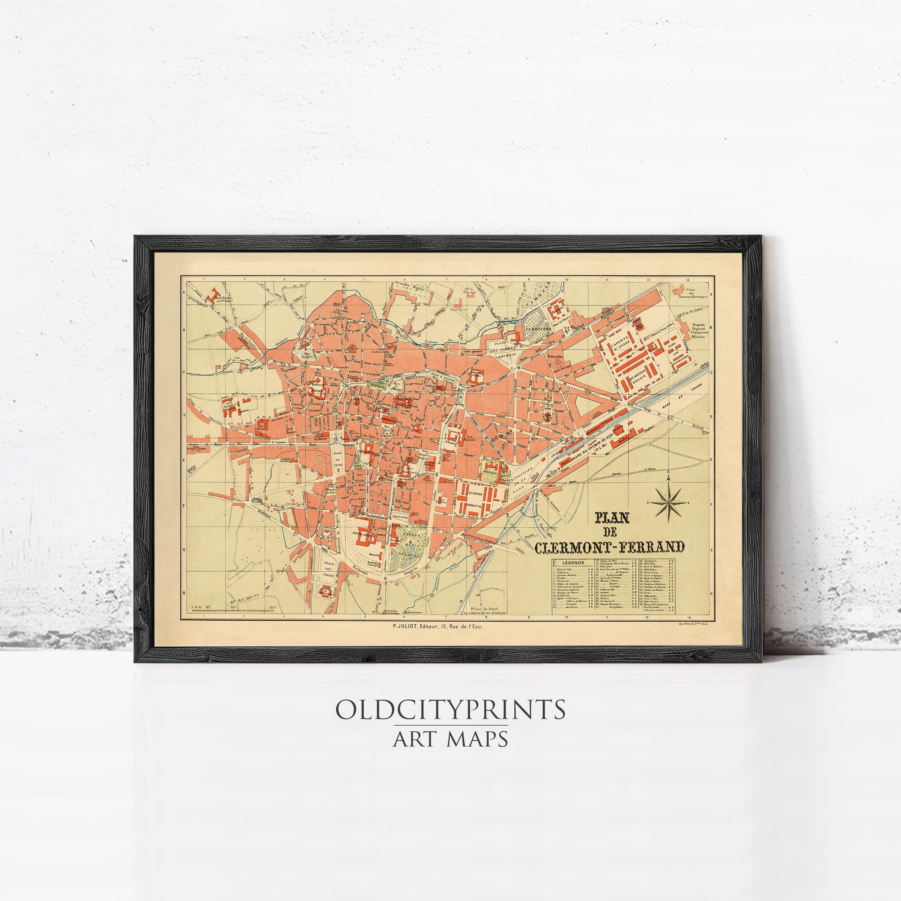 Old Map of Clermont Ferrand 1893 France Vintage Map | Wall Map