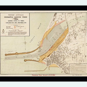 Vintage map of Fremantle Port Harbour and Perth, Australia 1904  | Vintage Poster Wall Art Print |
