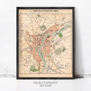 Liège Belgium Vintage Map 1880 | Antique City Wall Decor Print image 1