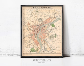 Liège Belgium Vintage Map 1880 | Antique City Wall Decor Print