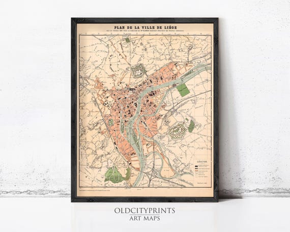 Liège Belgium Vintage Map 1880 | Antique City Wall Decor Print