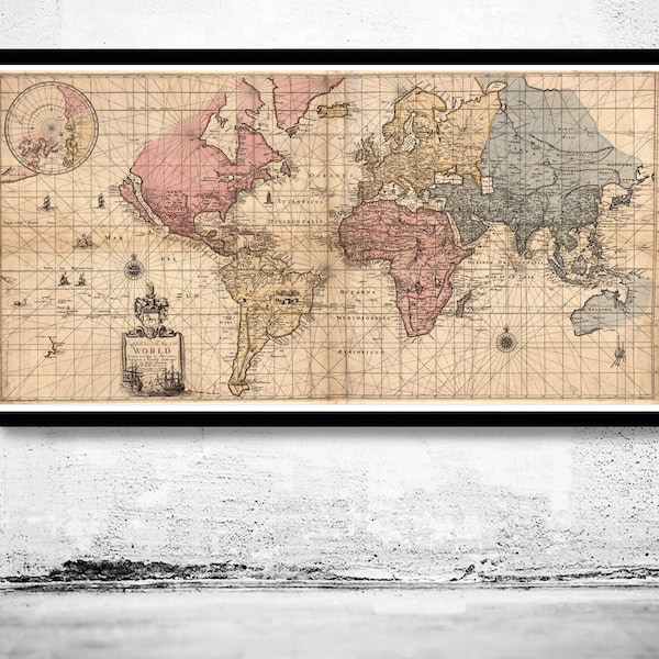 Old World Map 1676 Antique World Map | World Map Gifts World Map Print | Vintage World Map | World Map Wall Art