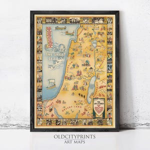 Life of Christ: Colorful Art Deco Holy Land Map - 1929 Vintage Reproduction, Bible Scenes Wall Decor