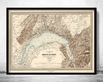 Old Map of Lake Geneva Lac Léman 1856  | Vintage Poster Wall Art Print | Wall Map Print |  Old Map Print