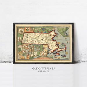 Puede incluir: Mapa vintage enmarcado de Massachusetts, con ilustraciones detalladas y un borde decorativo. El mapa está en un marco negro e incluye el texto "OLD CITY PRINTS ART MAPS" en la parte inferior.