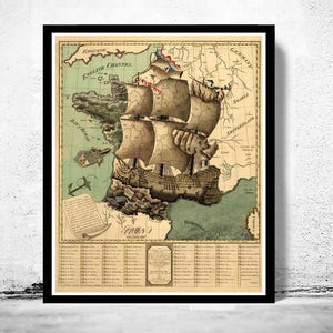 Old Map of France represented under the form of a ship 1796  | Vintage Map Wall Art Print | Large Map Print | Home Decor Wall Art