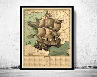 Old Map of France represented under the form of a ship 1796  | Vintage Map Wall Art Print | Large Map Print | Home Decor Wall Art