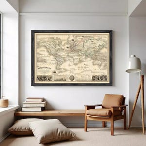 Vintage World Map 1853 Mercator Projection| Antique Atlas Wall Decor Art Print