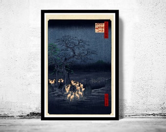 Japanese Art, Hiroshige New Year's Eve foxfires at the changing tree, Oji, 1857  | Vintage Poster Wall Art Print |