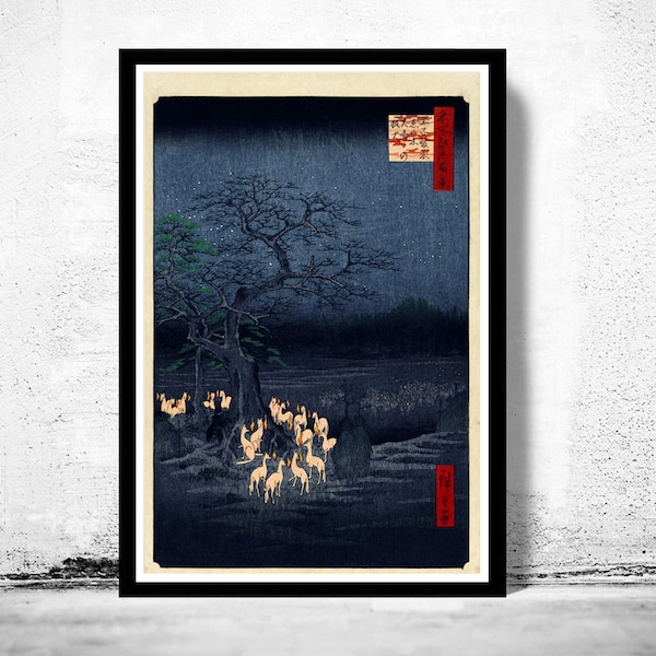 Japanese Art, Hiroshige New Year's Eve foxfires at the changing tree, Oji, 1857  | Vintage Poster Wall Art Print |