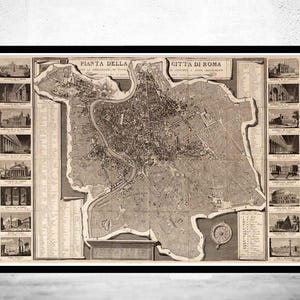 Old Map of Rome Roma Italy 1843 Old Map of Rome | Vintage Map Wall Art Print | Large Map Print | Home Decor Wall Art