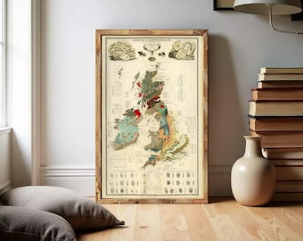 Old Map of United Kingdom Geological Palaeontological 1854 Vintage Map | Wall Map Print