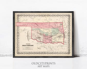 Old Map Oklahoma Indian Territory 1869 United States of America | Wall Map Art Print
