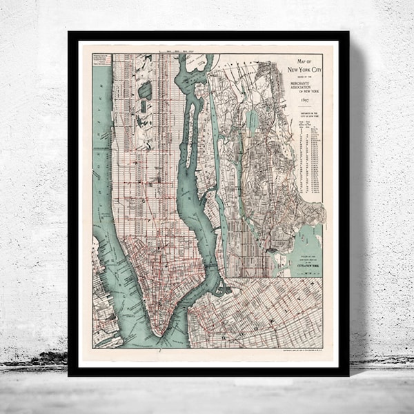 Ancienne carte de New York 1897 Manhattan vintage | Affiche d'art mural vintage | Impression de carte murale | Ancienne impression de carte