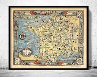 Old Map of France Story Map 1936 Vintage Map of France | Vintage Map Wall Art Print | Large Map Print | Home Decor Wall Art