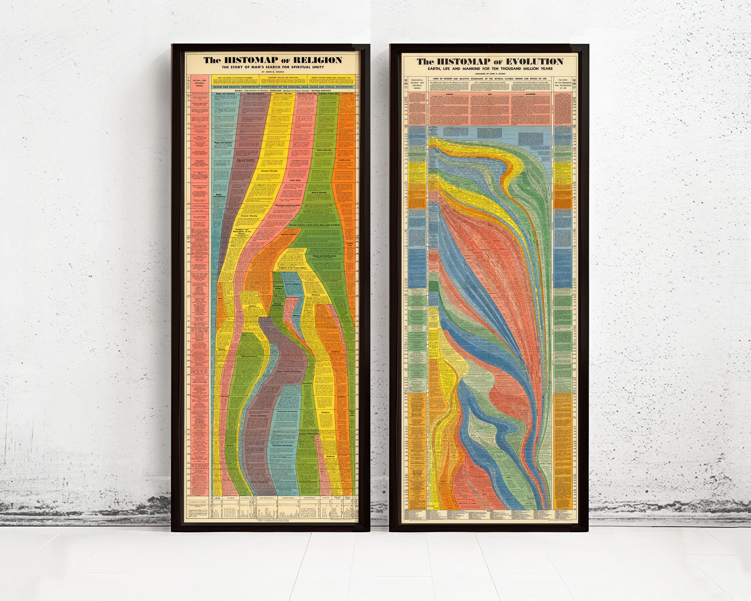 Double Set of Visual Timeline History: Histomap of Evolution and Histomap of Religion | Timeline Print Wall Decor| World Timeline Chart