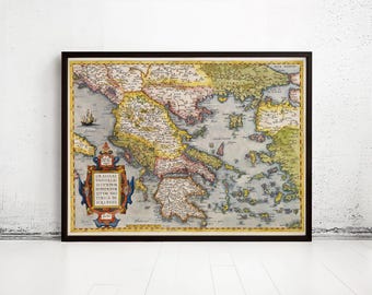 Old Map of Greece 1572 Vintage Map Greece Old Map | Vintage Map Wall Art Print | Large Map Print | Home Decor Wall Art