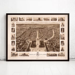 Old Map of Montpellier France 1800 Panoramic View Vintage Map | Vintage Map Wall Art Print | Large Map Print | Home Decor Wall Art