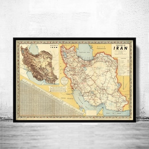 Old Map of Iran Road Map Vintage Map of Iran| Vintage Map Wall Art Print | Large Map Print | Home Decor Wall Art