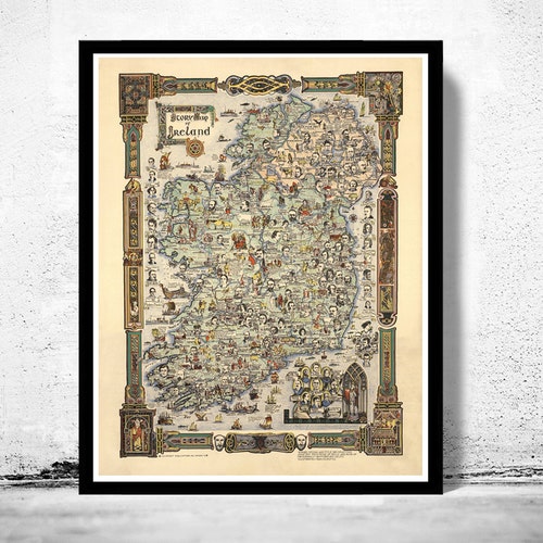 Old Map of Ireland 1936 Story Map of Ireland with Clans Old map of Ireland | Vintage Poster Wall Art Print | Wall Map Print |