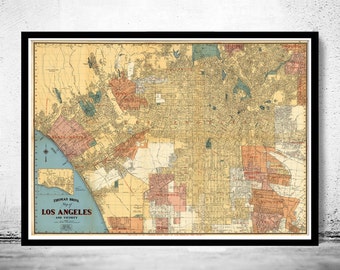 Ancienne carte de Los Angeles | Affiche d'art mural vintage | Impression de carte murale | Ancienne impression de carte