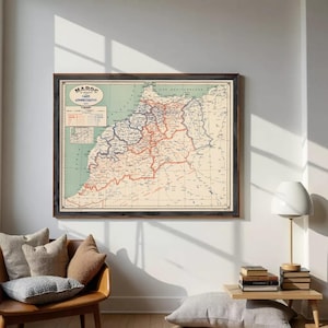 The image is a framed map of Morocco, showing the country's administrative divisions and surrounding regions.