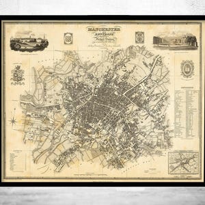 Old Map of Manchester City 1824 Vintage Map | Vintage Map Wall Art Print | Large Map Print | Home Decor Wall Art