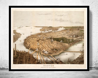 Panoramic View of Old Boston, Massachusetts 1877  | Vintage Poster Wall Art Print |