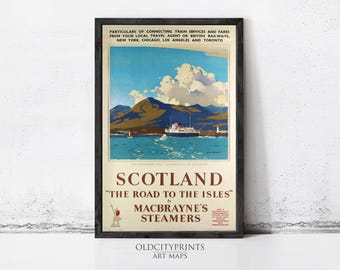 Vintage Scotland Travel Poster | "The Road to the Isles" MacBrayne's Steamers Print
