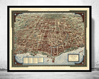 Old Map of Chicago 1938 Birdseye View Vintage Map | Vintage Poster Wall Art Print |