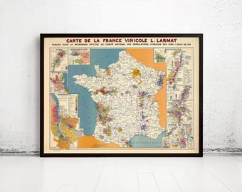 Old France Wine Chart 1949 Carte Vinicole de La France | Vintage Map Wall Art Print | Large Map Print | Home Decor Wall Art