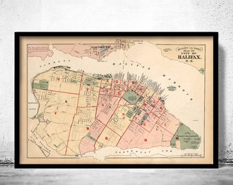 Ancienne carte de Halifax, Nouvelle-Écosse, Canada, 1878, carte vintage | Affiche d'art mural vintage | Impression de carte murale | Ancienne impression de carte