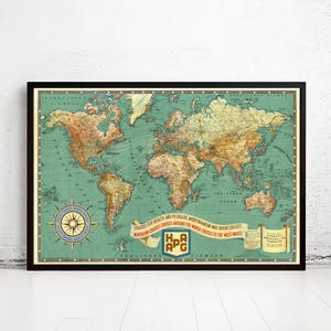 Beautiful Old World Map 1931 Cruises Health Pleasure Hamburg Lines German Airlines | World Map Gift World Map Print | Vintage World Map