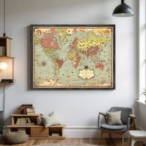 May include: A framed vintage-style world map featuring muted green and red tones, with illustrations of ships and sea creatures. The map includes the text 'PICTORIAL MAP OF THE WORLD' in a decorative central cartouche, displayed in a dark wooden frame.