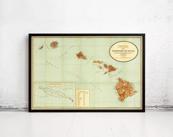 HAWAII MAP PRINT, Vintage Map of Hawaii, Hawaii Islands Map, High