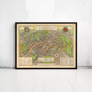Vintage Map of Cambridge England 1929 Print | Colleges, Churches, Buildings Wall Art