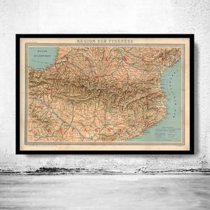 Old Map of Pyrenees Pirineus 1920 France Spain  | Vintage Map Wall Art Print | Large Map Print | Home Decor Wall Art