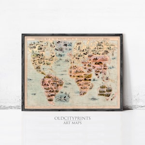 May include: A vintage-style world map print titled Zoological Map of the World, Showing the Geographical Distribution of Animals, featuring detailed illustrations of various animals across continents, framed in a dark wood border.