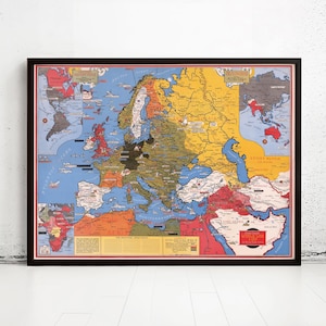 Old World War 2 History Chart 1942 Dated Events Allies | World Map Gift World Map Print | Vintage World Map | World Map Wall Art