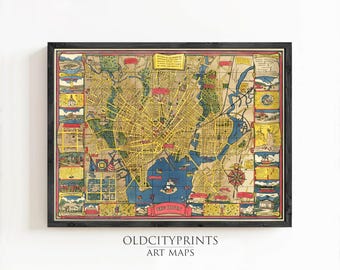 Old Map of New Haven History 1929 Connecticut Pictorial map | Vintage Map Wall Art Print | Large Map Print | Home Decor Wall Art