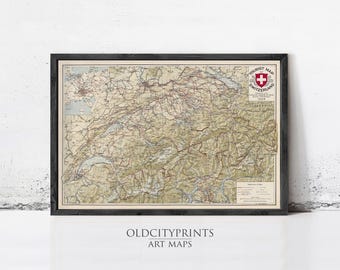 Old Map of Switzerland 1924 Vintage Map Switzerland Gift | Wall Map Print